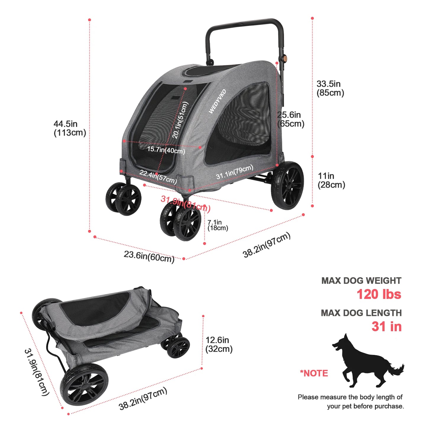 Pet Stroller,High Quality 3 Big Wheels Pet Dog Cat Trolley Strollers Outdoor Travel Carrier Cat Dog Pet Cart Portable