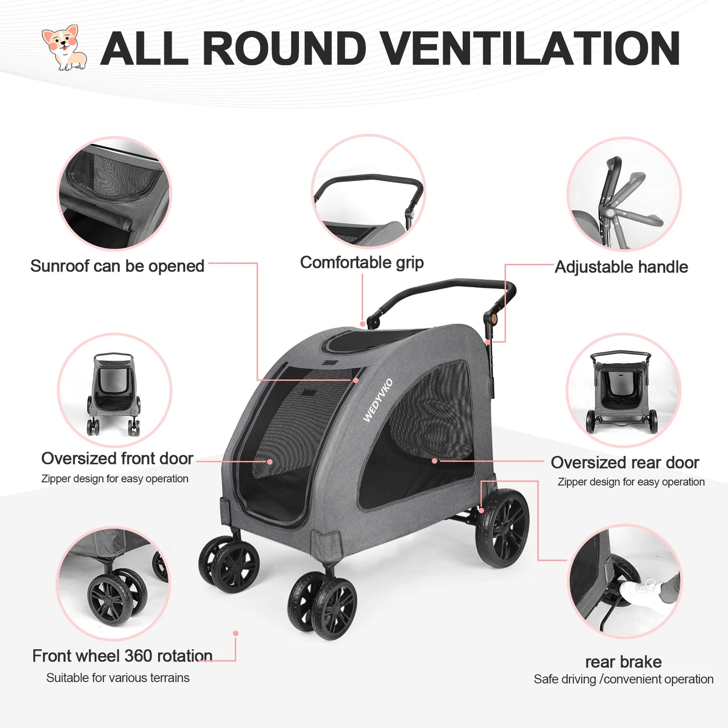 Pet Stroller,High Quality 3 Big Wheels Pet Dog Cat Trolley Strollers Outdoor Travel Carrier Cat Dog Pet Cart Portable